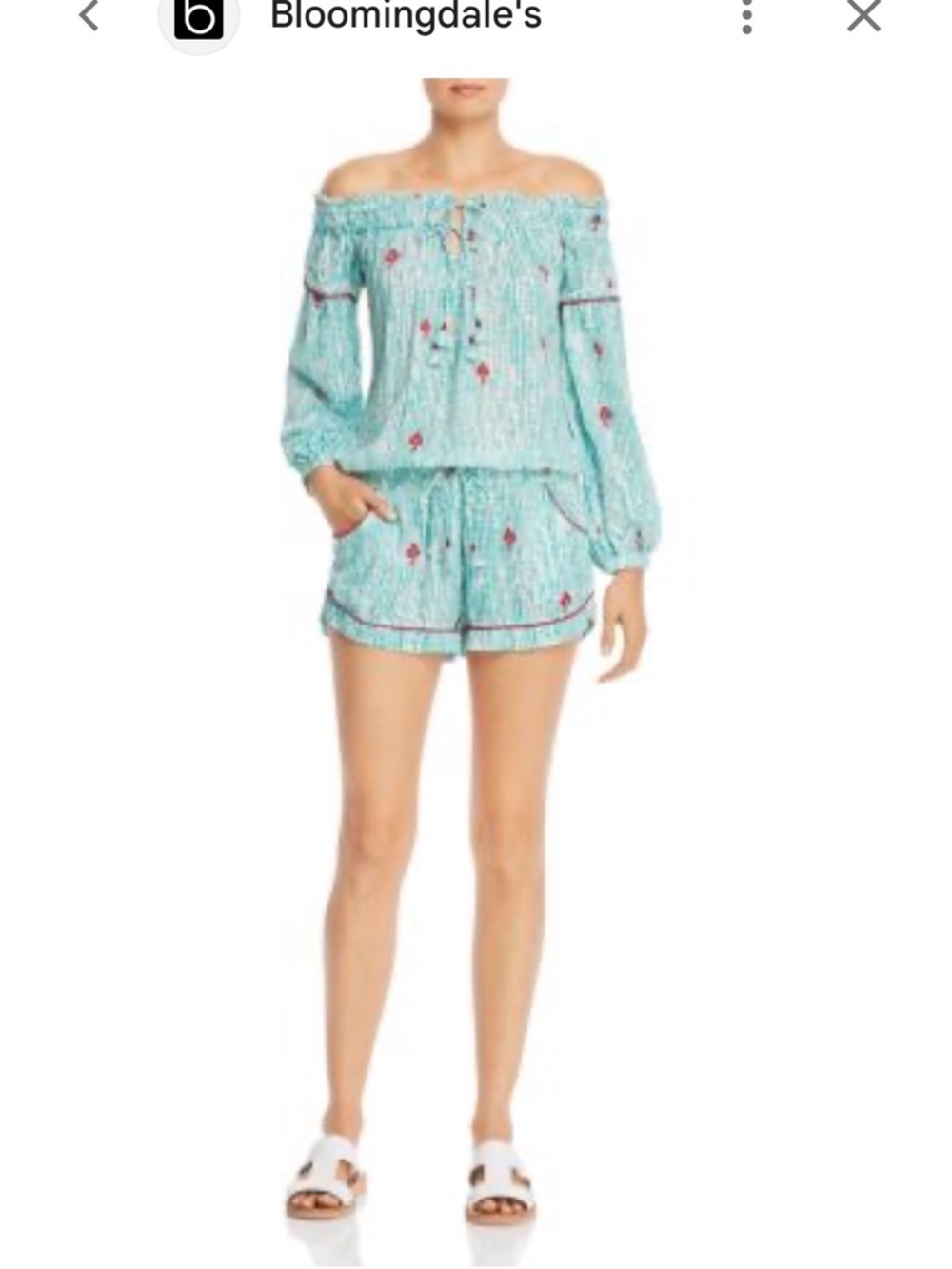Poupette St Barth Teal Patterned Off-Shoulder Dress with Red Accents